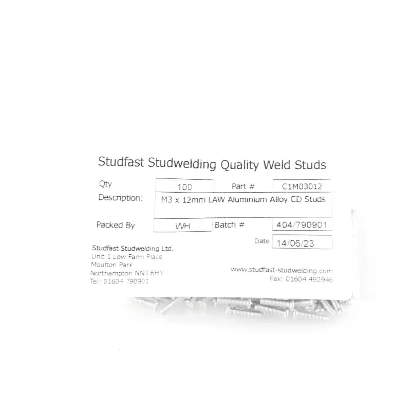Aluminium Alloy Capacitor Discharge Weld Studs M3 x 12mm Length bag of one hundred cd weld studs