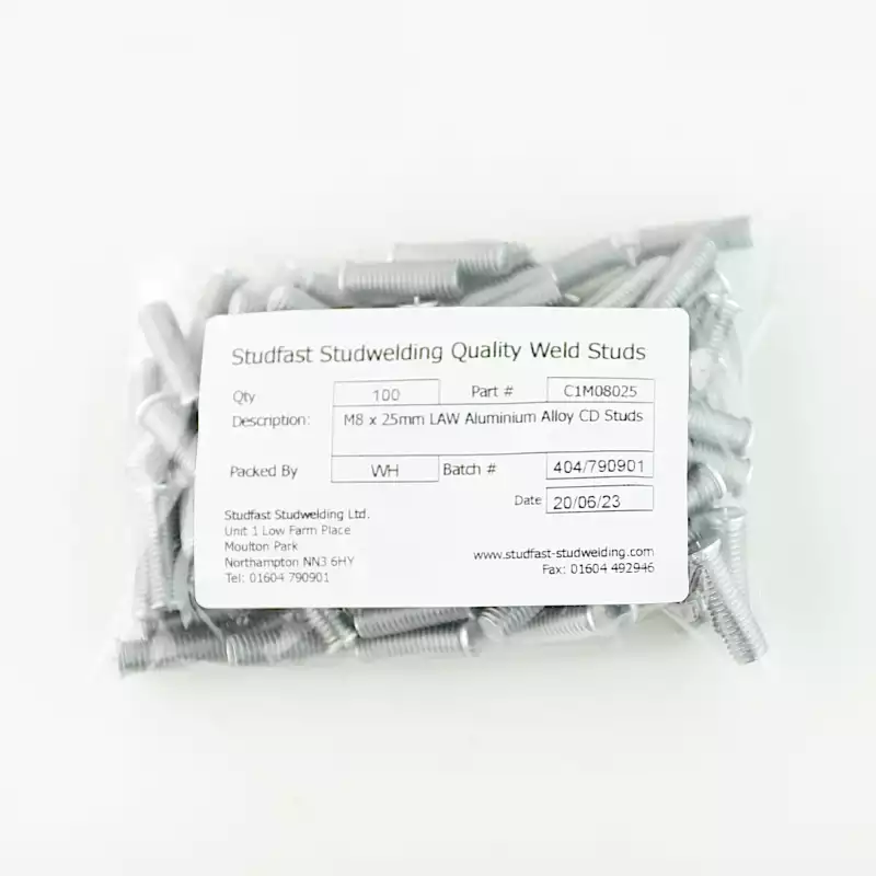 Aluminium Alloy Capacitor Discharge Weld Studs M8 x 25mm Length bag of one hundred cd weld studs
