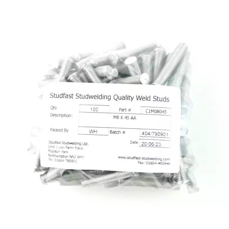 Aluminium Alloy Capacitor Discharge Weld Studs M8 x 45mm Length bag of one hundred cd weld studs
