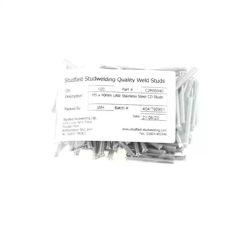 Stainless Steel CD Weld Studs M5 x 40mm Length (A2 spec.) bag of one hundred cd weld studs