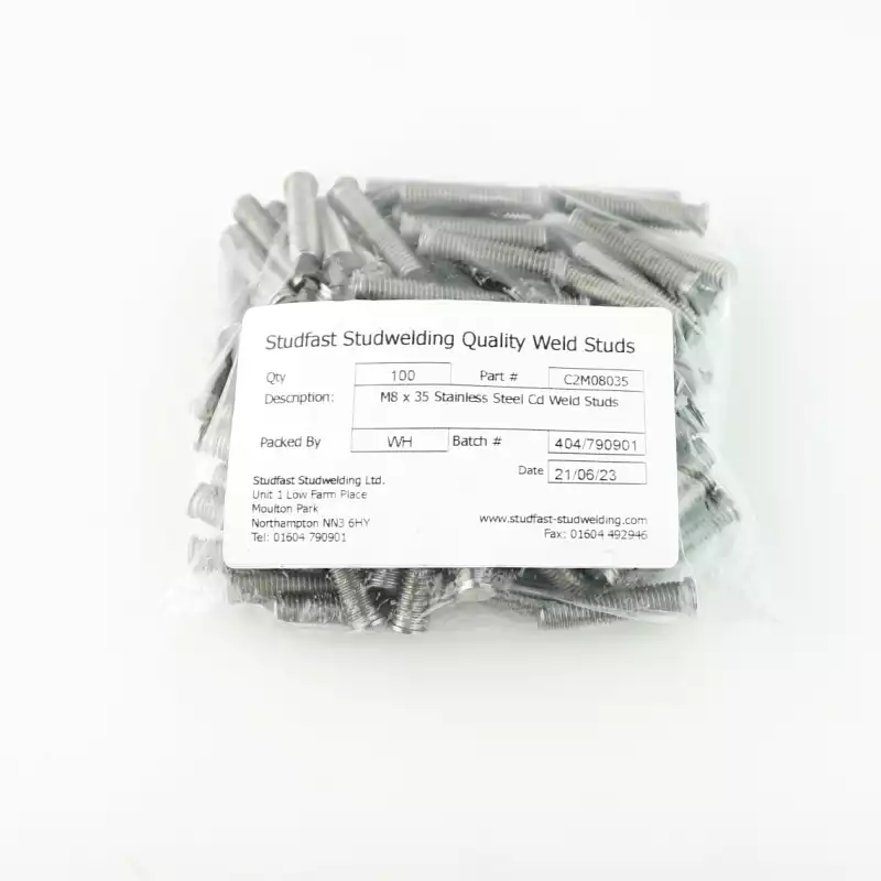 Stainless Steel CD Weld Studs M8 x 35mm Length (A2 spec.) bag of one hundred cd weld studs