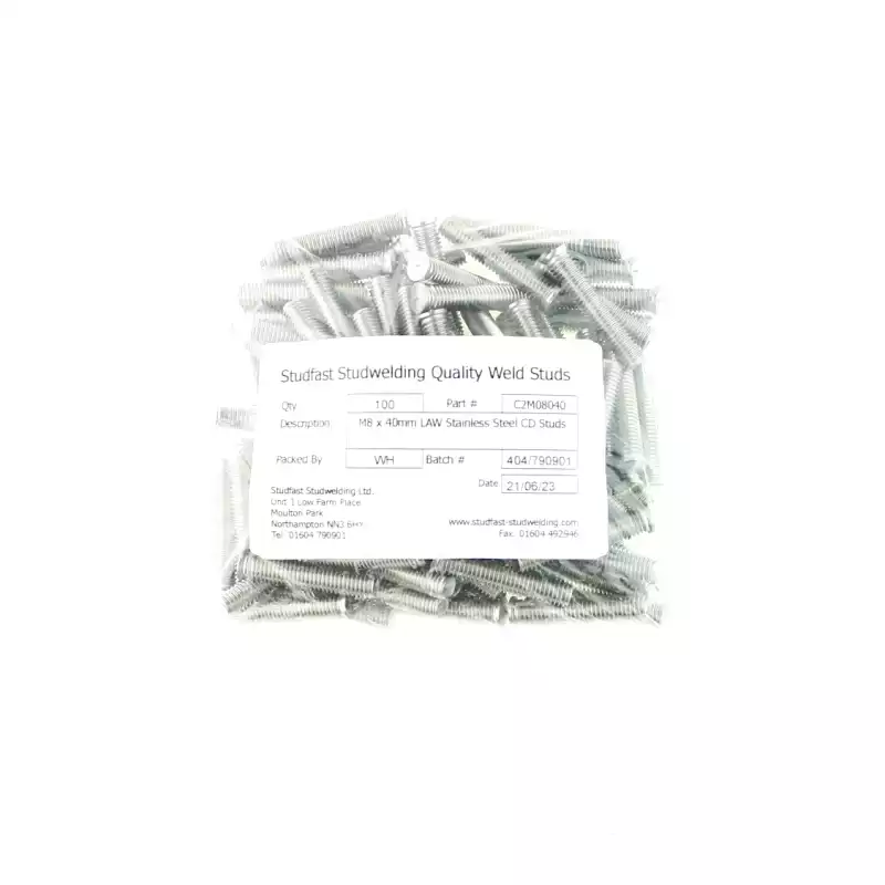 Stainless Steel CD Weld Studs M8 x 40mm Length (A2 spec.) bag of one hundred cd weld studs