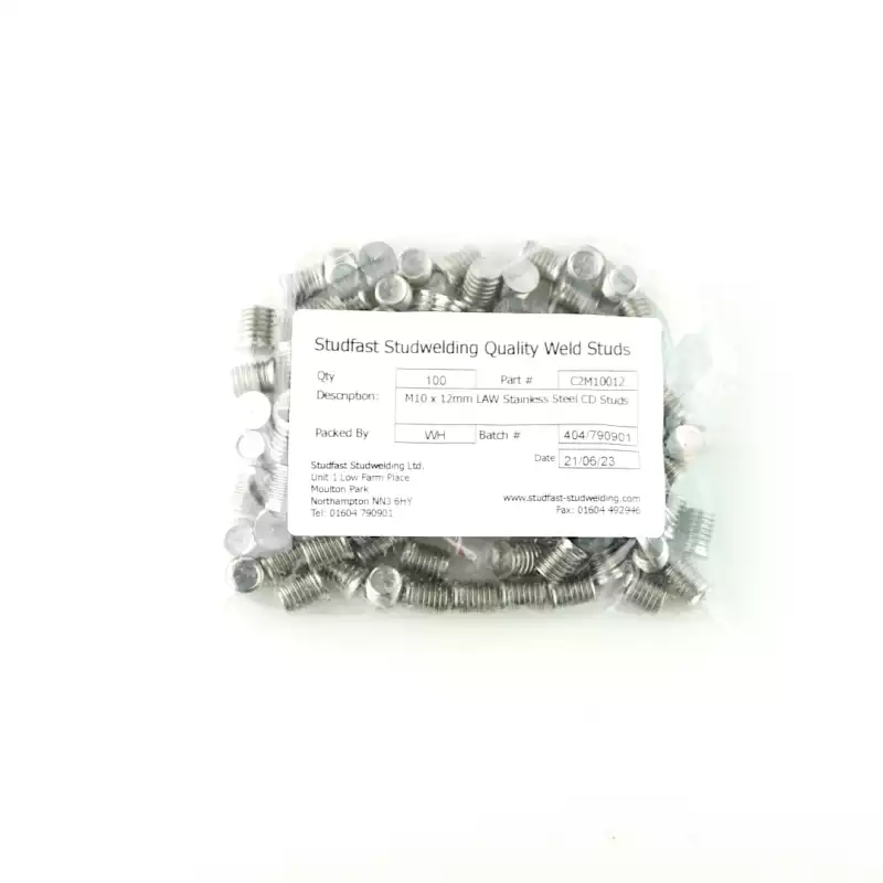 Stainless Steel CD Weld Studs M10 x 12mm Length (A2 spec.) bag of one hundred cd weld studs