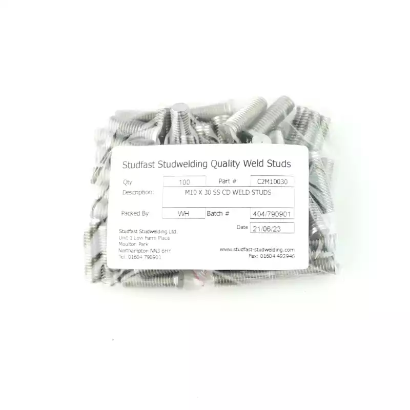 Stainless Steel CD Weld Studs M10 x 30mm Length (A2 spec.) bag of one hundred cd weld studs