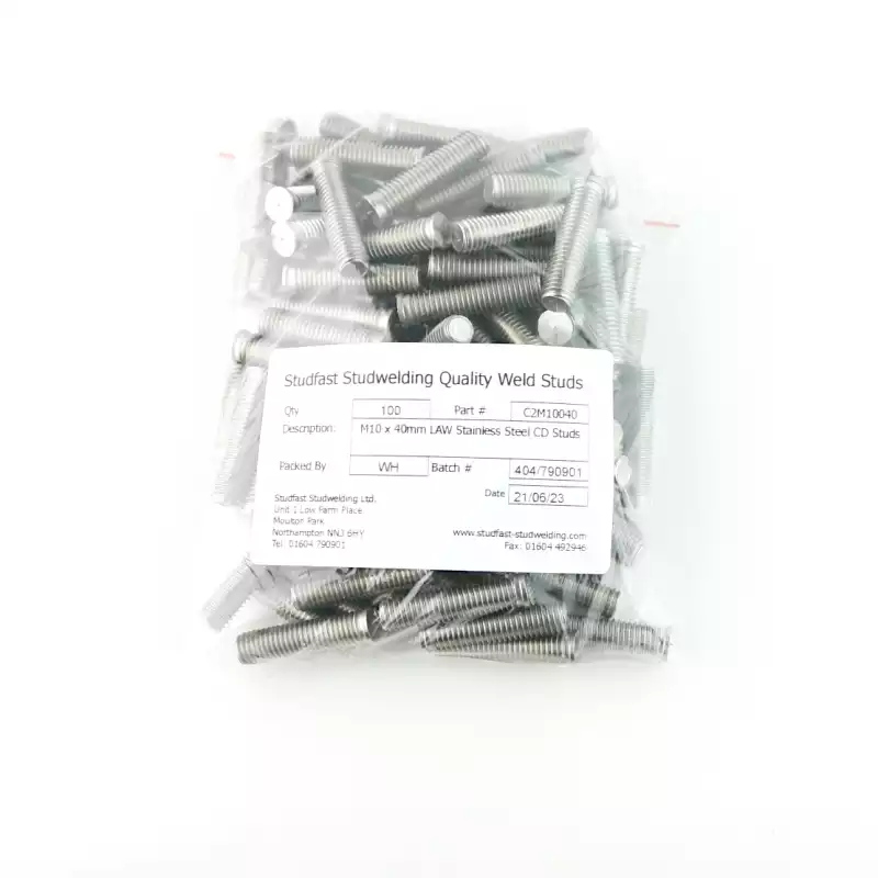 Stainless Steel CD Weld Studs M10 x 40mm Length (A2 spec.) bag of one hundred cd weld studs