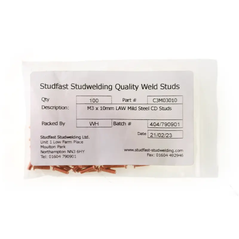 Mild Steel CD Weld Studs M3 x 10mm Length (copper flashed) bag of one hundred cd weld studs