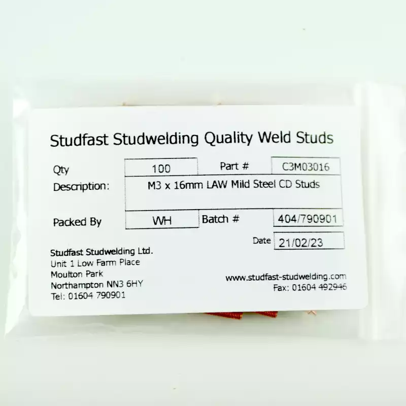 Mild Steel CD Weld Studs M3 x16mm Length (copper flashed) bag of one hundred cd weld studs