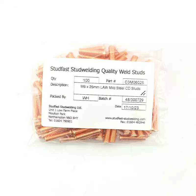 Mild Steel CD Weld Studs M6 x 25mm Length (copper flashed) bag of one hundred cd weld studs