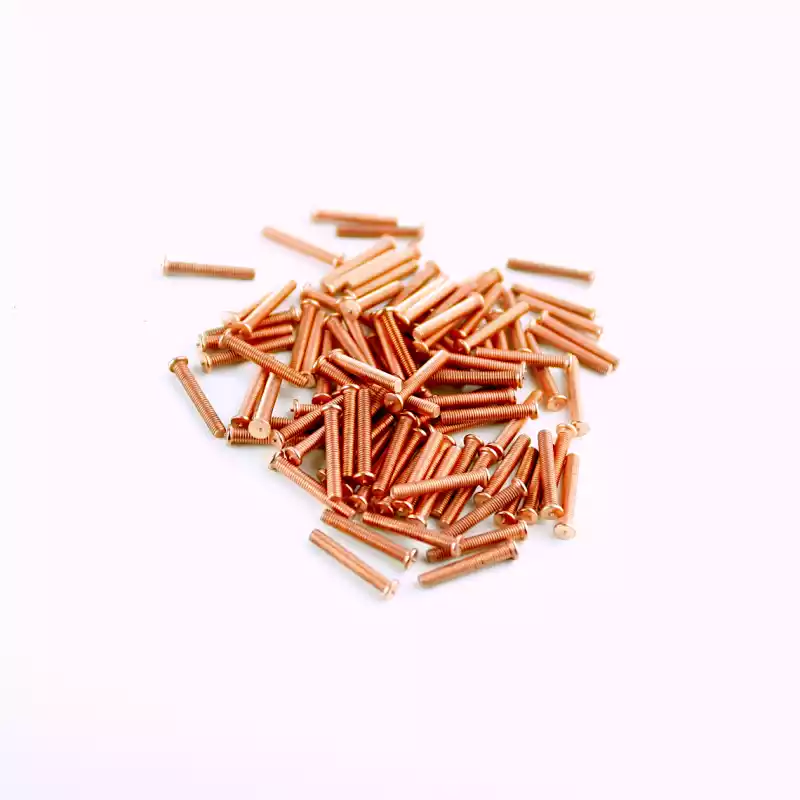 A wide shot of our Mild Mild Steel CD Weld Studs M3 x 20mm Length (copper flashed)