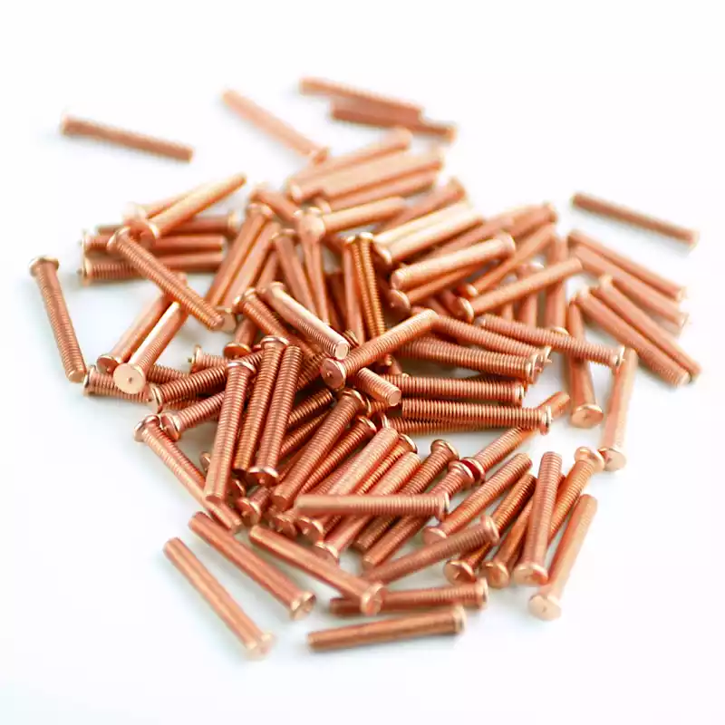 Mild Mild Steel CD Weld Studs M3 x 20mm Length (copper flashed) photographed closer in