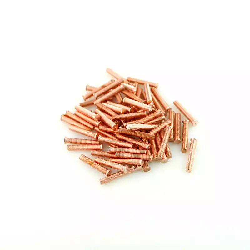 Mild Steel CD Weld Studs M6 x 35mm Length (copper flashed) photographed closer in