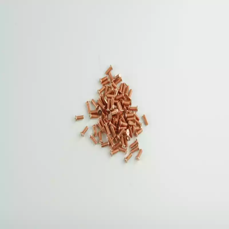 Product image extreme close up of Mild Steel CD Weld Studs M3 x 8mm Length (copper flashed)