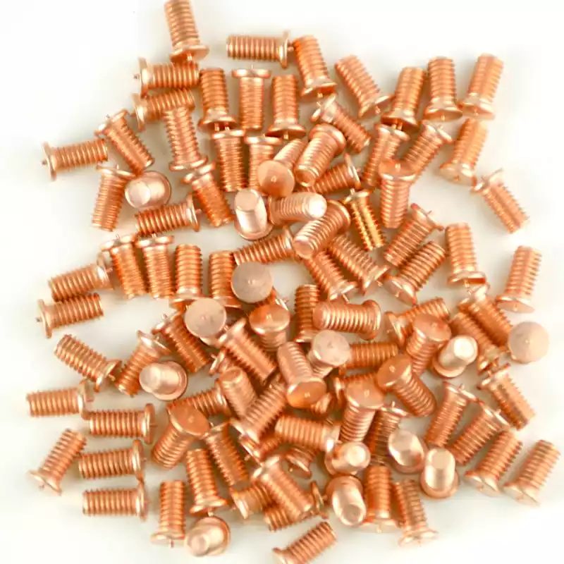 Product image extreme close up of Mild Steel CD Weld Studs M4 x 8mm Length (copper flashed)