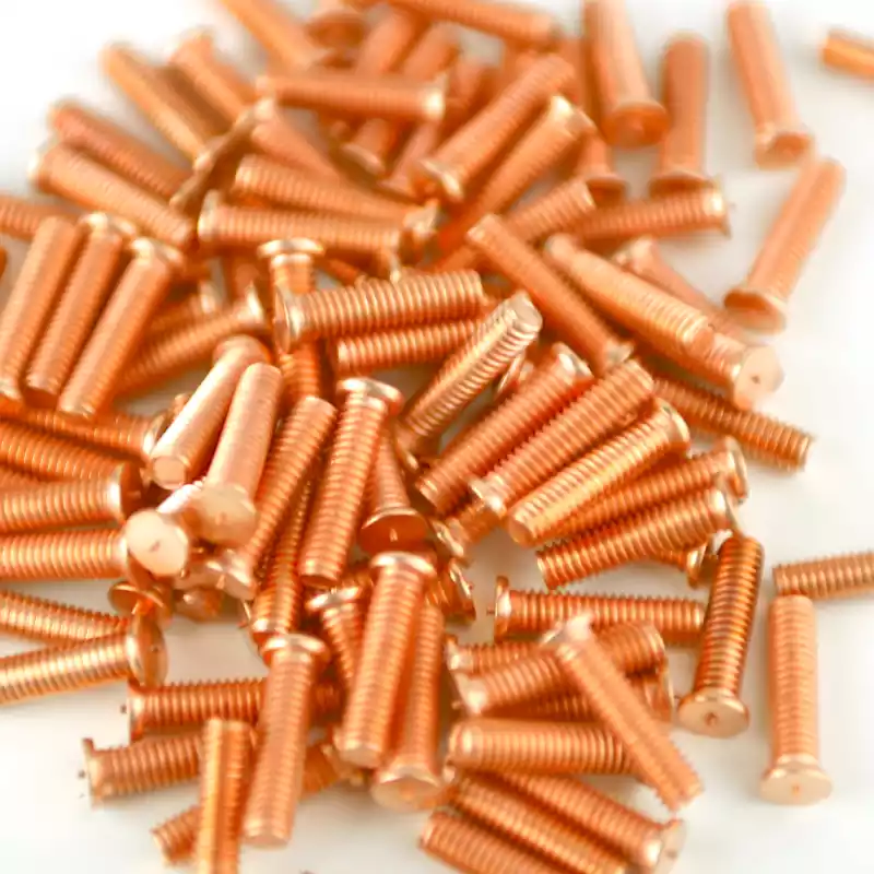 Product image extreme close up of Mild Steel CD Weld Studs M4 x16mm Length (copper flashed)