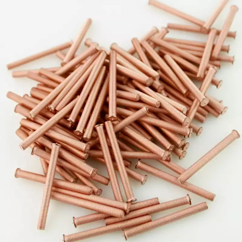 Product image extreme close up of Mild Steel CD Weld Studs M5 x 50mm Length (copper flashed)